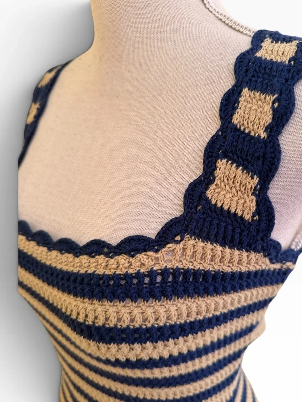 J. Crew Tan/Navy Striped Scallop Trim Tank Sweater Dress XS